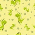 Seamless dinosaur pattern. Animal yellow background with green dino. Vector illustration.